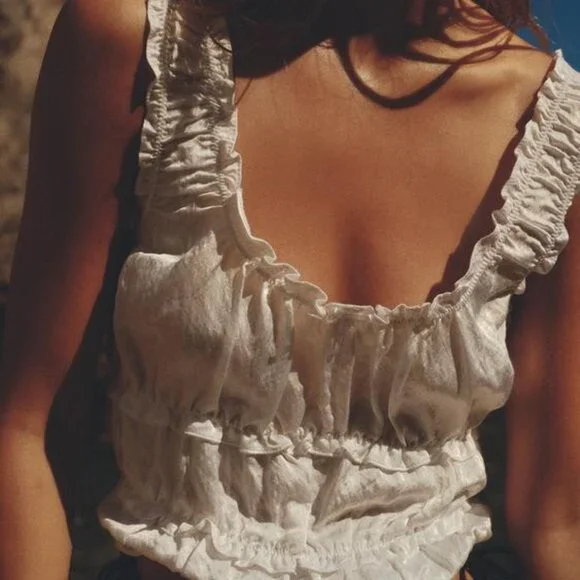 NWT WHITE RUFFLED SATIN EFFECT TOP - Picture 1 of 8